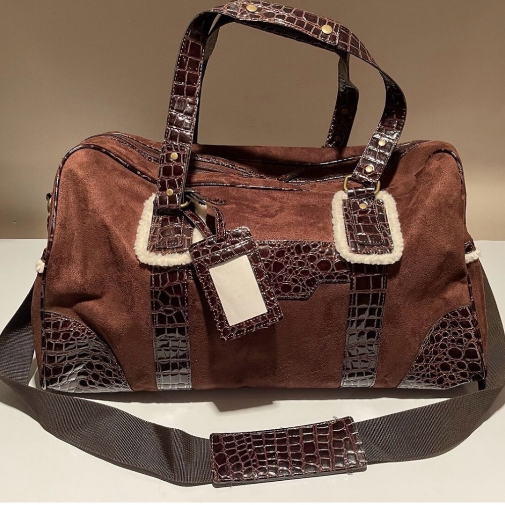Bath & Body Works Weekender Overnight Duffle Bag Tote Brown Faux Suede Sherpa